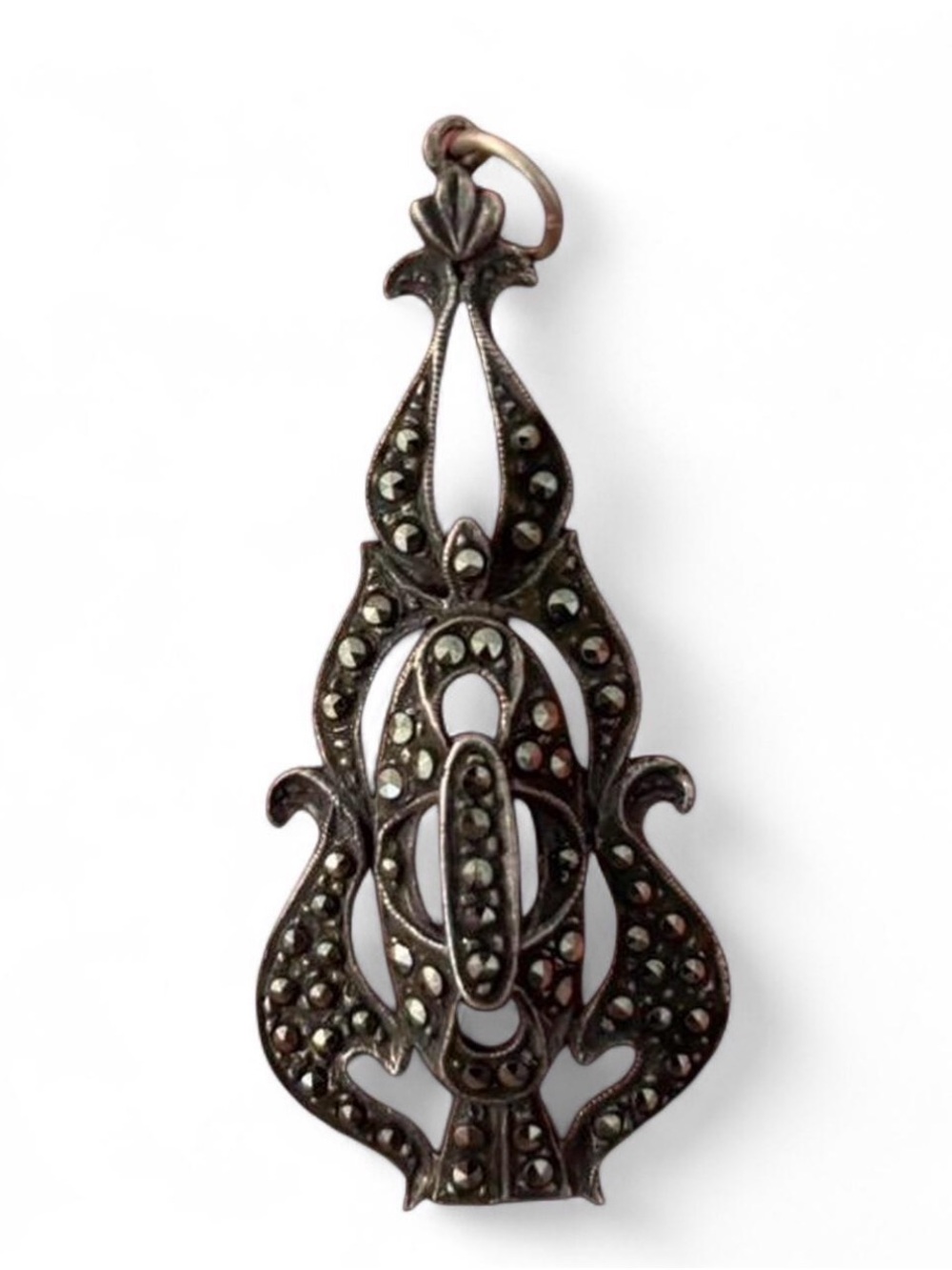Vintage Marcasite Drop Pendant Necklace - Black